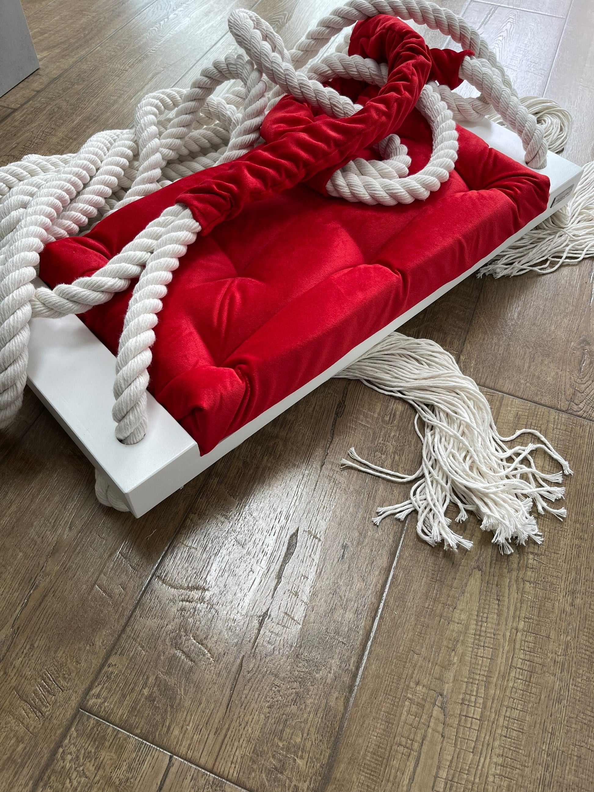 wooden white and red swing for adults and older kids