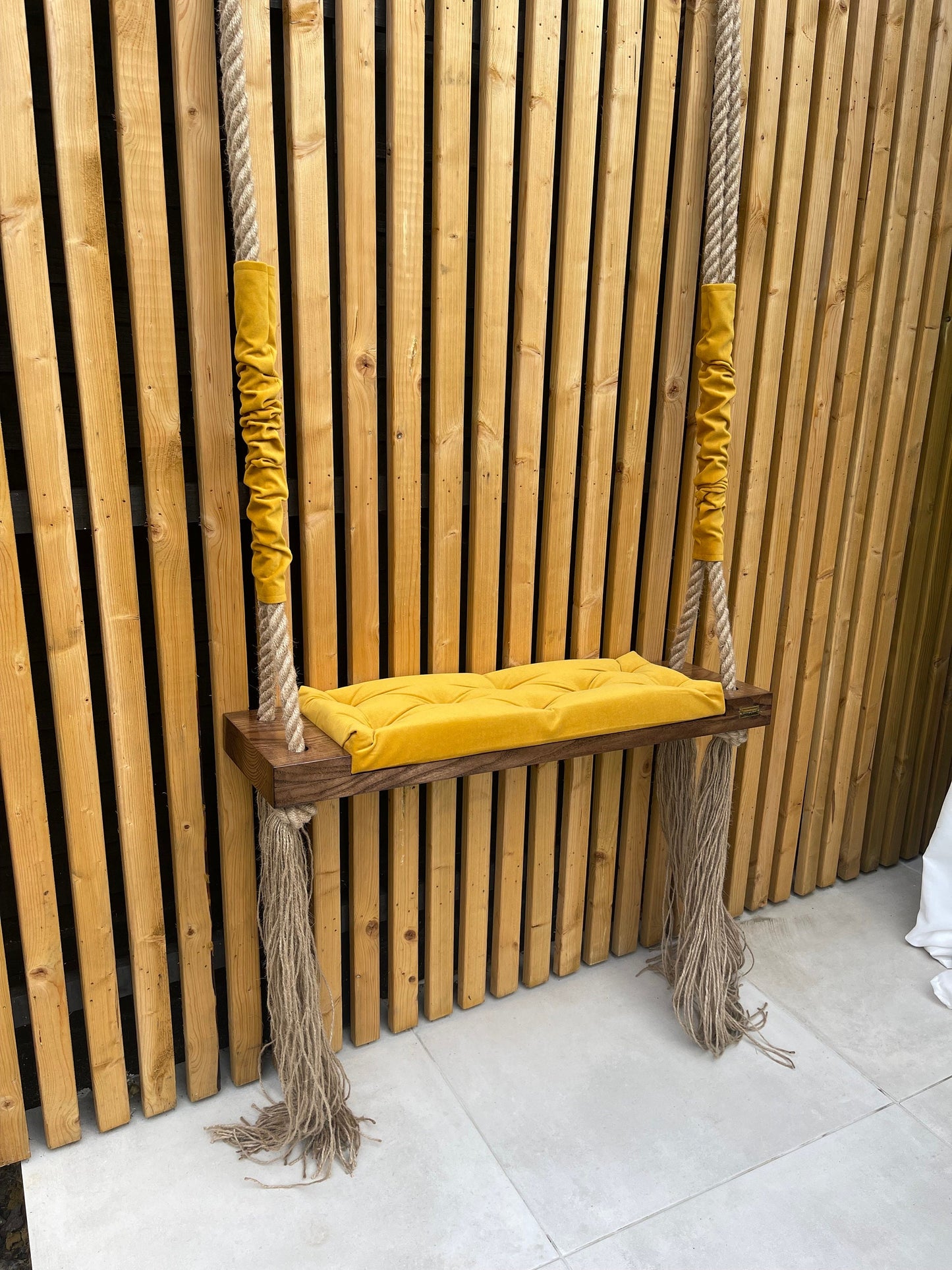 dark oak and mustard yellow adult swing